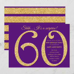 Convite Dourada Glitter Roxo Surpresa 60ª Festa de anivers