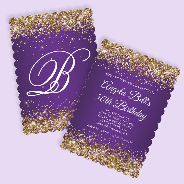 Convite Dourada Glitter Royal Purple Monograma 50º Anivers (Create your own royal purple and faux gold glitter birthday invite.)