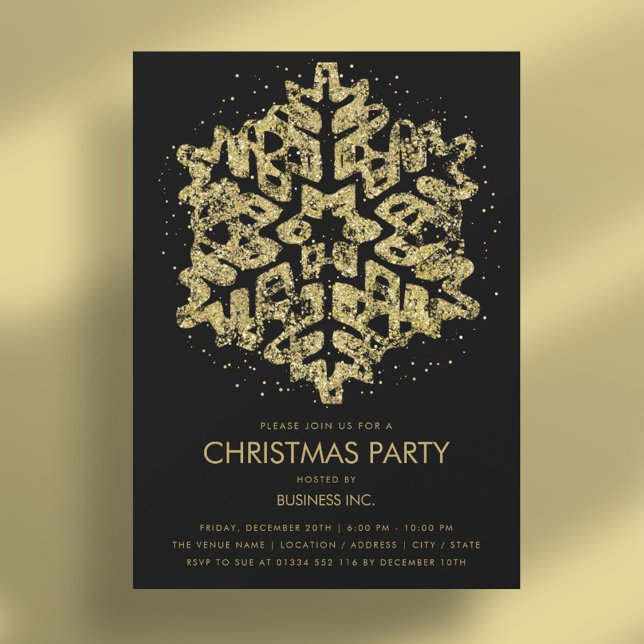 Convite Dourada Glitter Snowflake Festa de Natal Preto (Gold Glitter Snowflake Christmas Party Black Invitation)