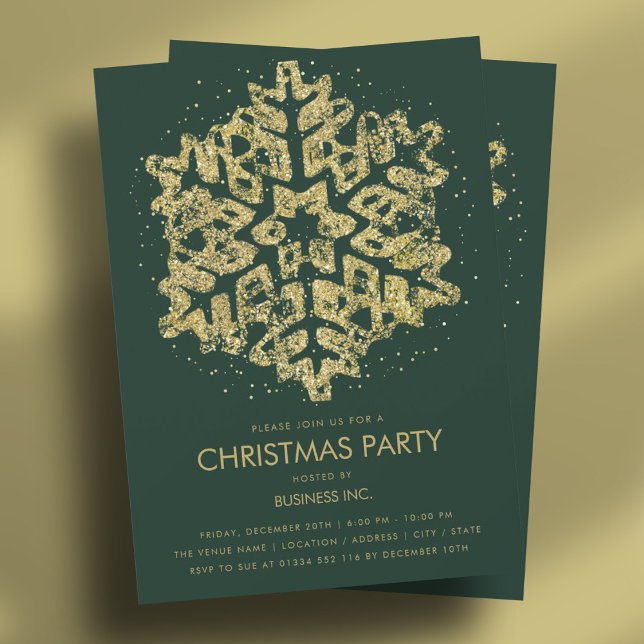 Convite Dourada Glitter Snowflake Festa de Natal Verde (Gold Glitter Snowflake Christmas Party Green Invitation)