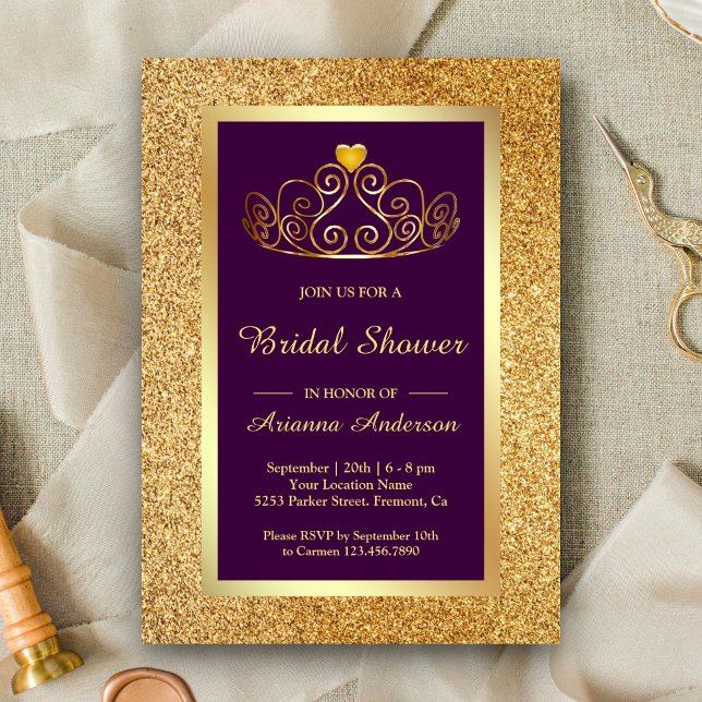 Convite Dourada Glitter Tiara Princesa Chá de panela Roxo (Criador carregado)