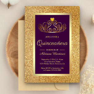 Convite Dourada Glitter Tiara Princesa Quinceanera