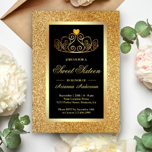Convite Dourada Glitter Tiara Princess Black Sweet Dezesse