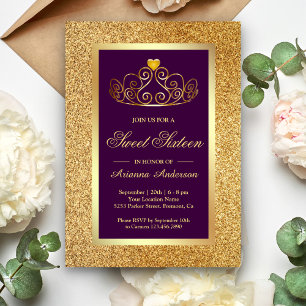 Convite Dourada Glitter Tiara Princess Purple Sweet