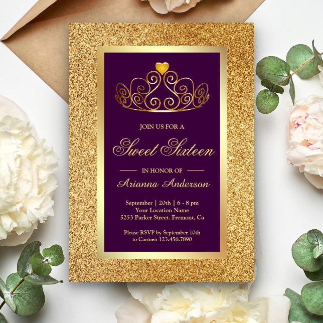 Convite Dourada Glitter Tiara Princess Purple Sweet (Criador carregado)