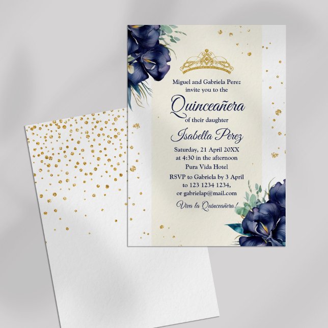 Convite Dourada Glitter Tiara Royal Blue Floral Quinceaner (Gold Glitter Tiara Royal Blue Floral Quinceanera Invitation on off-white background)