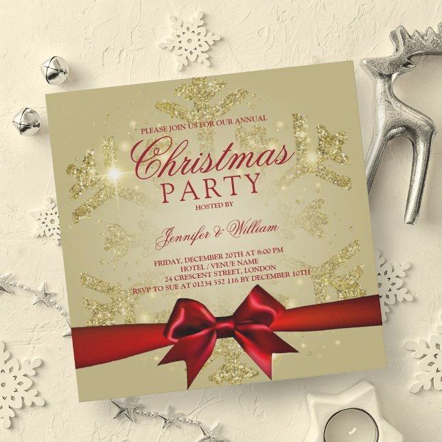 Convite Dourada Glitter Vermelha e Fita | Festa de Natal (Gold Red Glitter & Ribbon | Xmas Holiday Party Invitation)