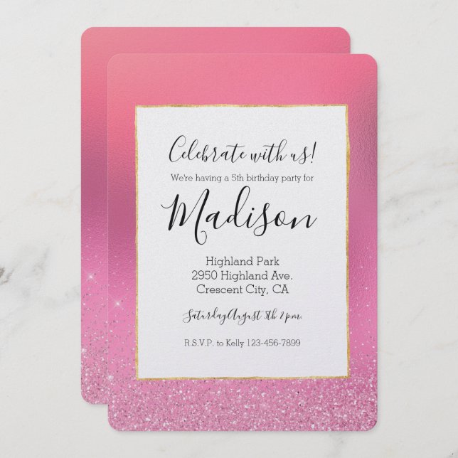 Convite Dourada Glitz Rosa (Frente/Verso)