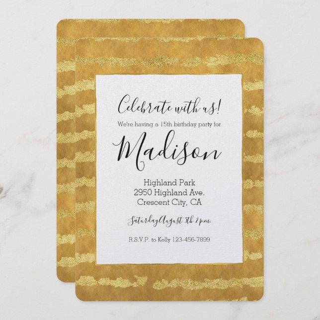 Convite Dourada Glitzy Stripes (Frente/Verso)