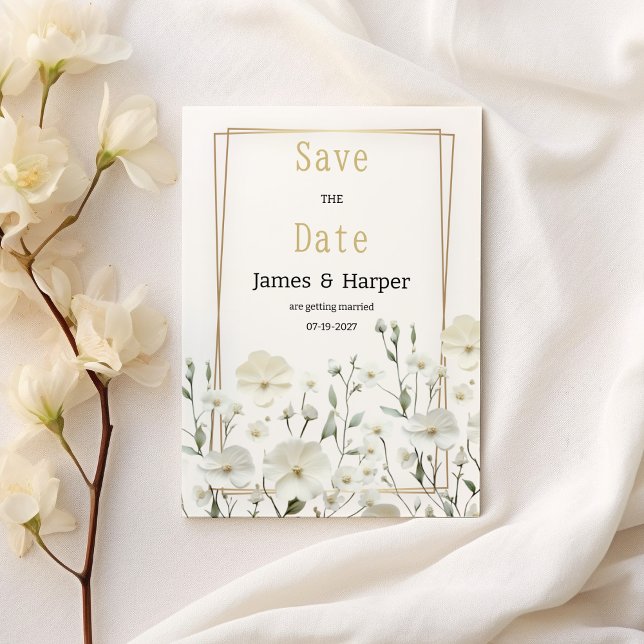Convite Dourada horta branca delicada floral Salve a data (Gold white mint delicate floral Save the Date )
