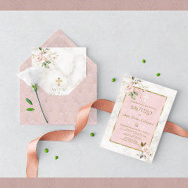 Convite Dourada Injeção Rosa De Bautizo Con Flores