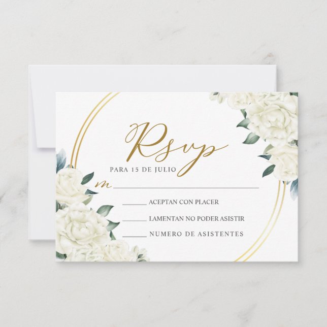 Convite Dourada Ivory Floral Nuestra Boda Wedding RSVP (Frente)