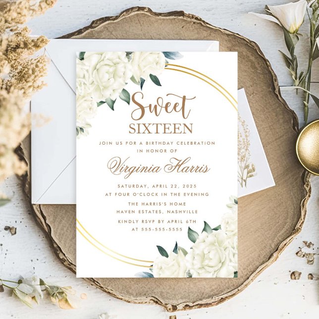 Convite Dourada Ivory Floral Sweet Dezesseis 16 Aniversári (Criador carregado)