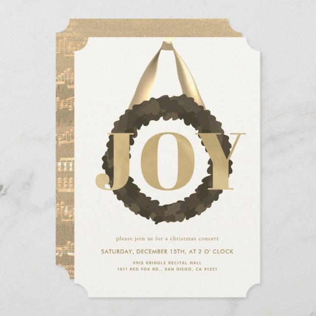 Convite Dourada JOY Green Wreath Christmas Concert Conside (Frente/Verso)