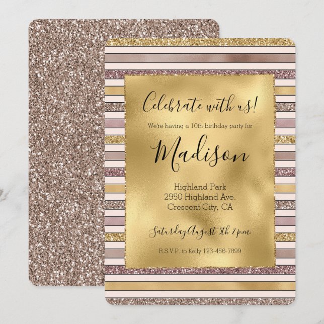 Convite Dourada Lente Cor-de-rosa Luminosa Brilhante (Frente/Verso)