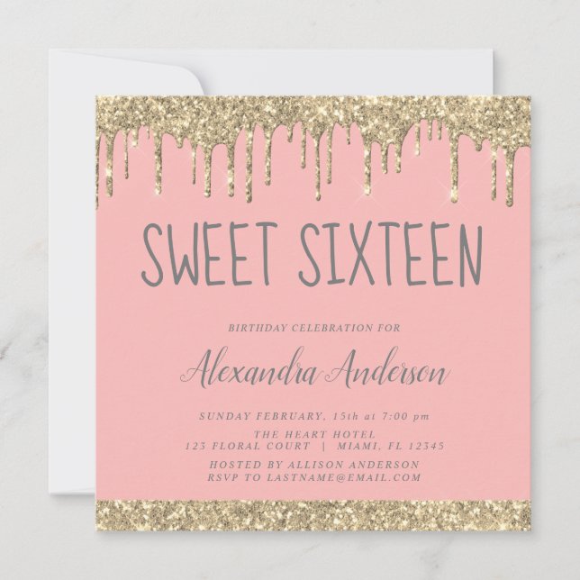 Convite Dourada Leve Rosa Brilhante Doce Dezesseis Anivers (Frente)