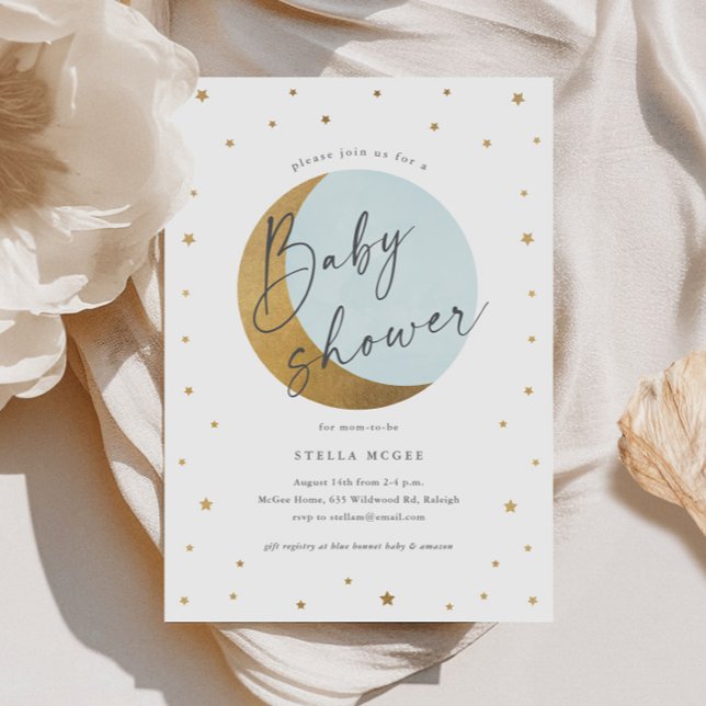 Convite Dourada Lua e Stars Script Boys Chá de fraldas (Gold Moon and Stars Script Boys Baby Shower Invitations.)