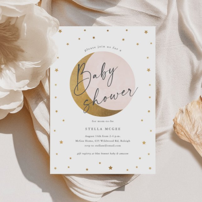 Convite Dourada Lua e Stars Script Girls Chá de fraldas (Gold Moon and Stars Script Girls Baby Shower Invitations.)