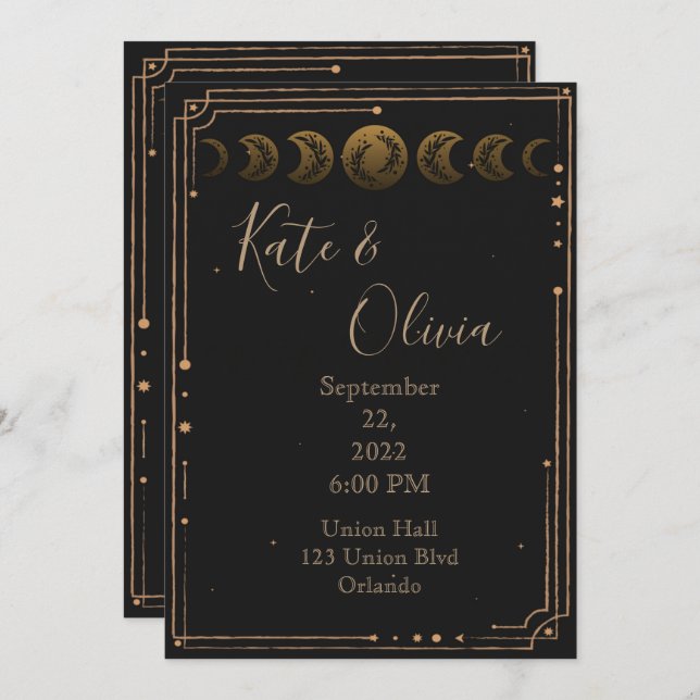 Convite Dourada Lua Fases Escuras e Casamento Moody Convit (Frente/Verso)