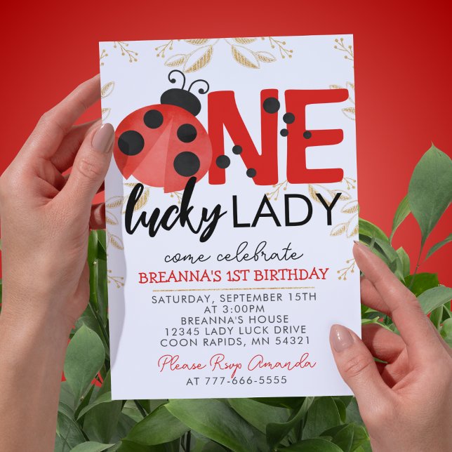 Convite Dourada Lucky Lady Watercolor Ladybug Aniversário (Elegant Gold Glitter One Lucky Lady Watercolor Ladybug 1st Birthday Party Invitations)