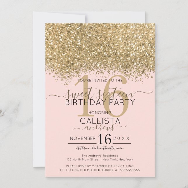 Convite Dourada Luminosa Rosa Confetti Sweet 16 (Frente)