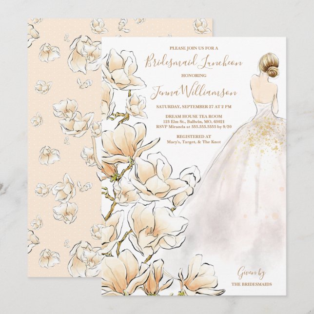 Convite Dourada Magnolia Bridesmaid Luncheon (Frente/Verso)