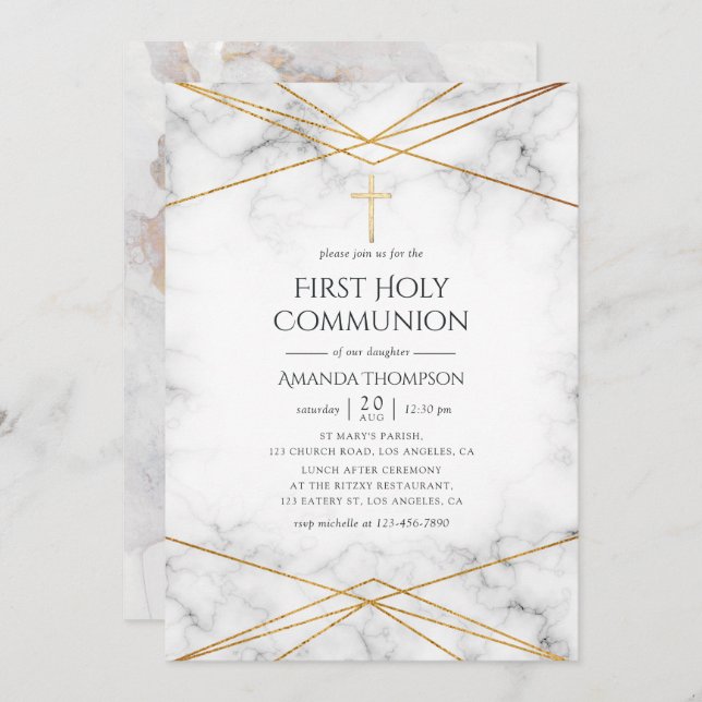 Convite Dourada Marble Geométrico Primeira Comunhão Sagrad (Frente/Verso)