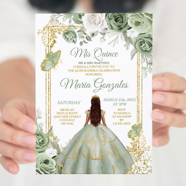 Convite Dourada Mis Quince Sage Green Quinceañera (Criador carregado)