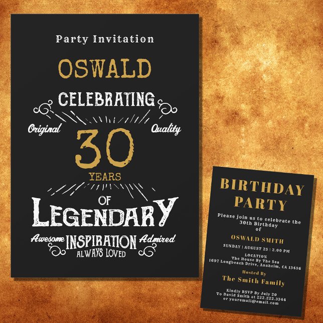 Convite Dourada Nascer Legendário Retro aniversário de 30  (For those celebrating their 30th birthday we have the ideal birthday party invitation)