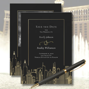 Convite Dourada negra Elegante Las Vegas Skyline Salve a D