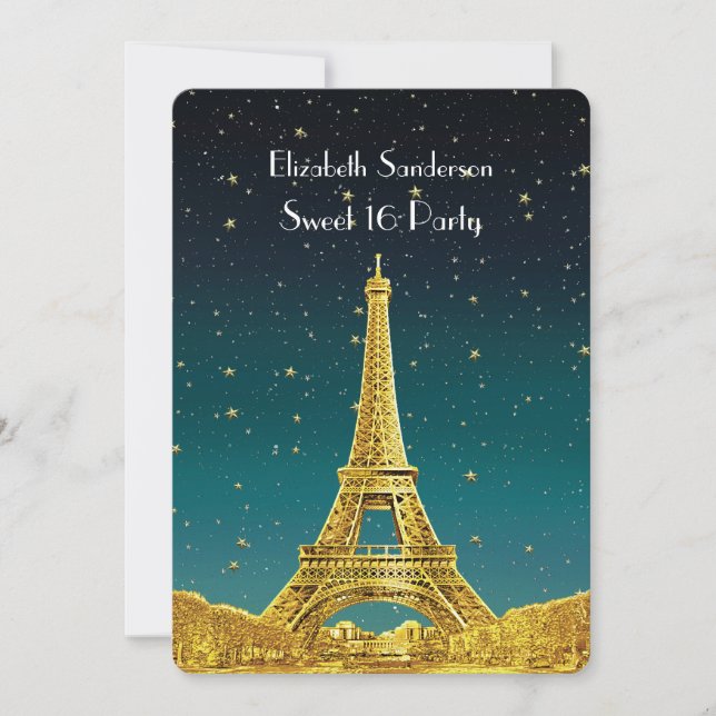Convite Dourada Paris Skyline nº 2 Teal Starry Sweet 16 V (Frente)