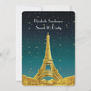 Convite Dourada Paris Skyline nº 2 Teal Starry Sweet 16 V