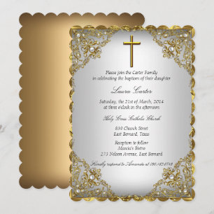 Convite Dourada Pearl Damask & Cross Baptism/Christening