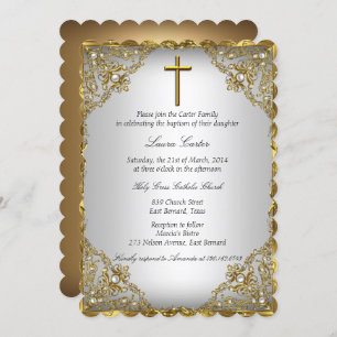 Convite Dourada Pearl Damask & Cross Baptism/Christening