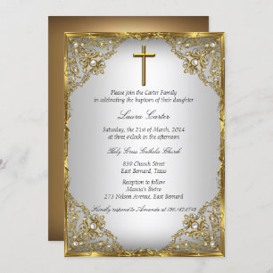 Convite Dourada Pearl Damask & Cross Baptism/Christening