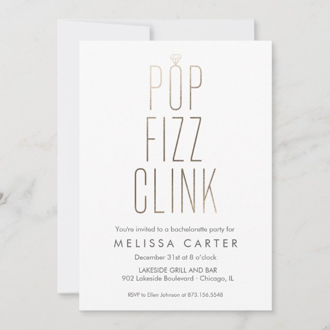 Convite Dourada Pop Fizz Clink Bachelorette Faux Foil (Frente)