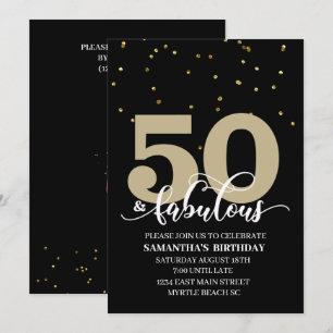 Convite Dourada preta 50 e Festa de aniversário fabulosa