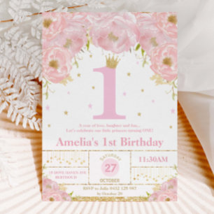 Convite Dourada primeiro aniversario Princesa Rosa Blush