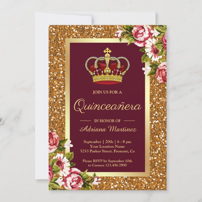 Convite Dourada Princesa Burgundy Floral Quinceanera (Frente)