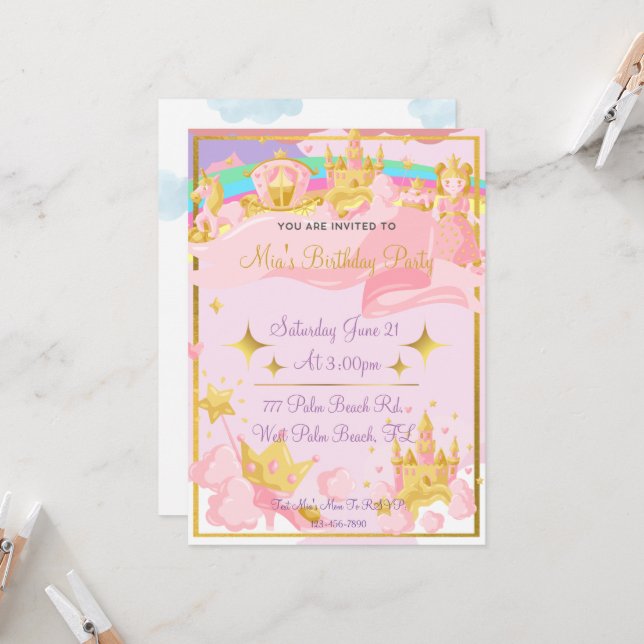 Convite Dourada Princesa Castelo Girls Princesa Aniversári (Frente/Verso In Situ)