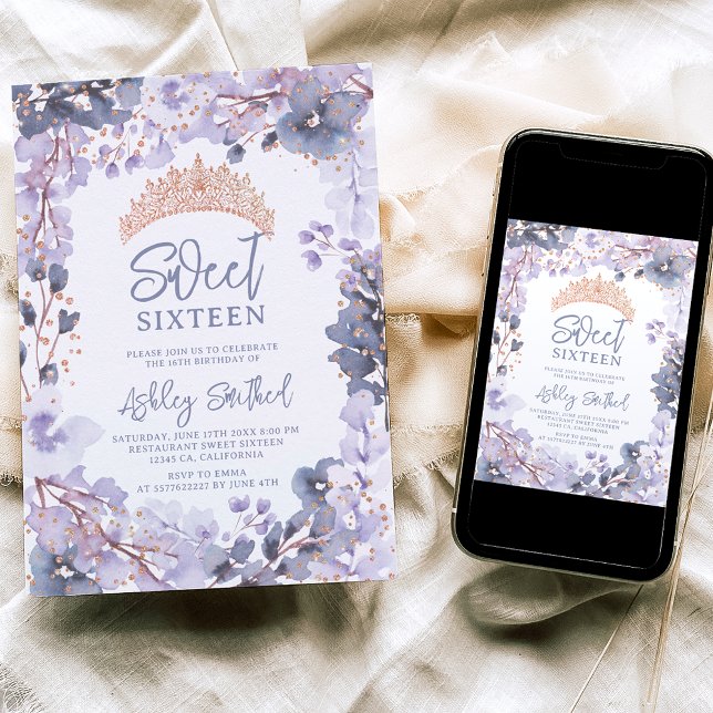 Convite Dourada princesa de tiara floral de lavanda Doce 1 (Criador carregado)