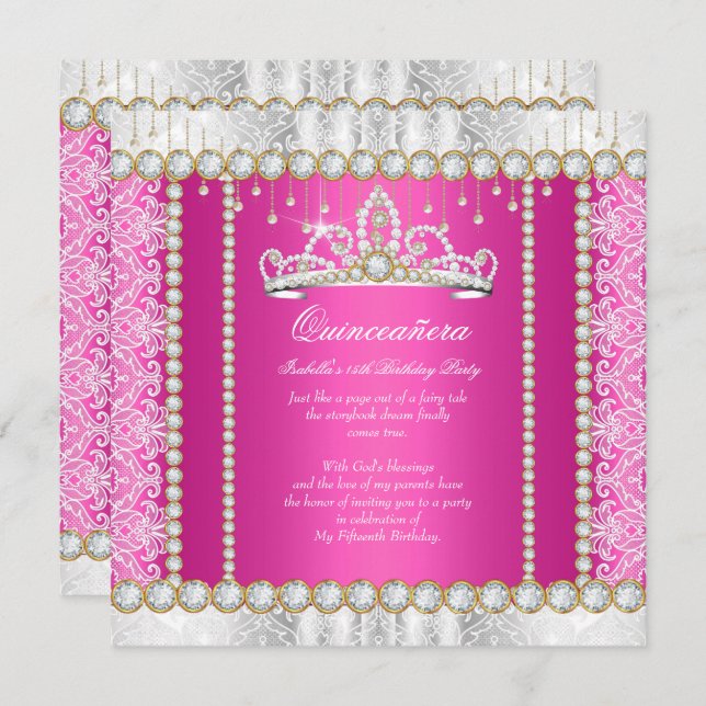 Convite Dourada princesa rosa Quinceanera Diamond Lace (Frente/Verso)