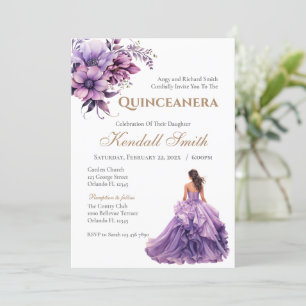 Convite Dourada Purple Lilac Floral Princesa Quinceanera