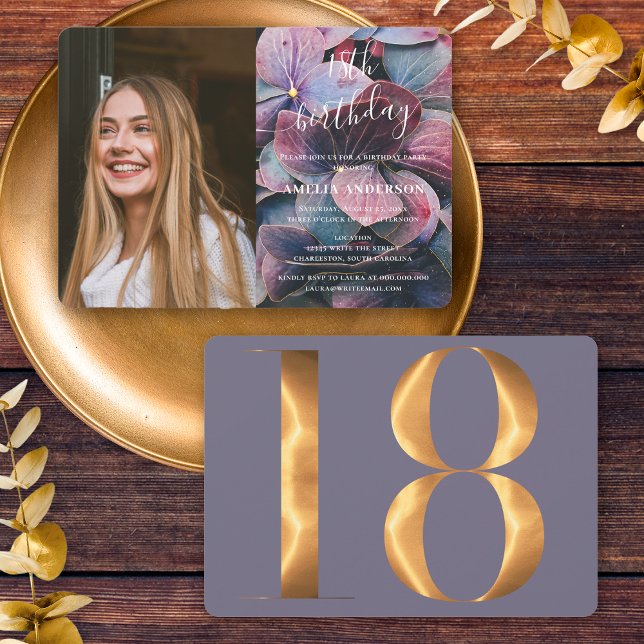 Convite Dourada Púrpura Azul Hydrangeas 18ª Foto de Aniver (Front / Back)