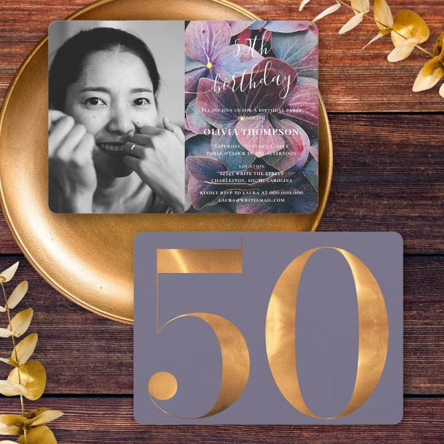Convite Dourada Púrpura Azul Hydrangeas 50ª Foto de Aniver (Front / Back)