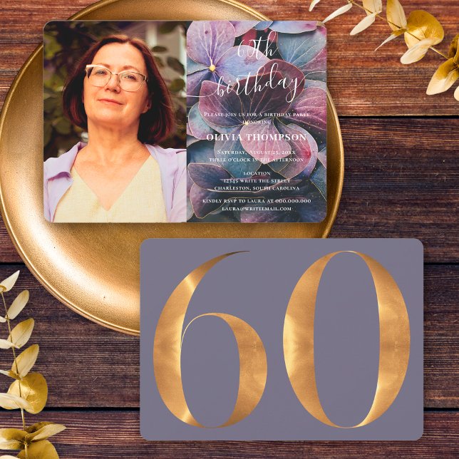 Convite Dourada Púrpura Azul Hydrangeas 60ª Foto de Aniver (Front / Back)