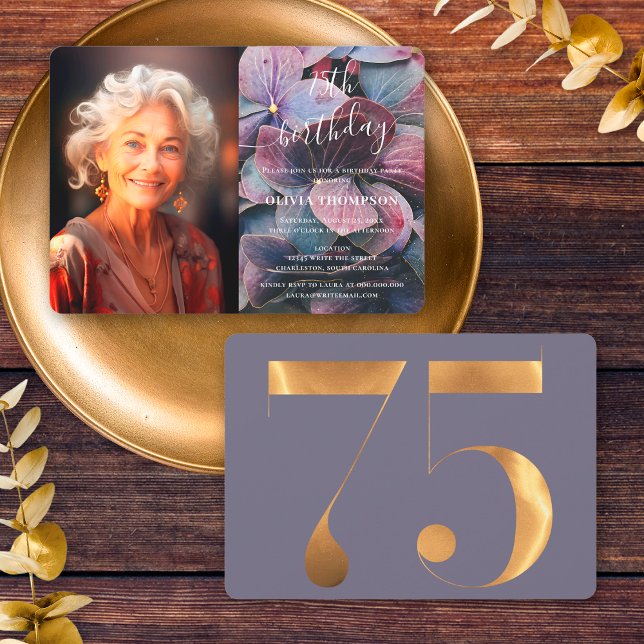 Convite Dourada Púrpura Azul Hydrangeas 75ª Foto de aniver (Front / Back)