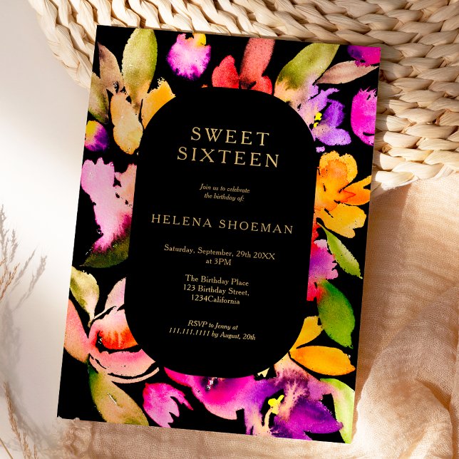Convite Dourada queda de tamanho excessivo da água floral  (Bold fall oversize floral watercolor Sweet 16 Invitation on black)