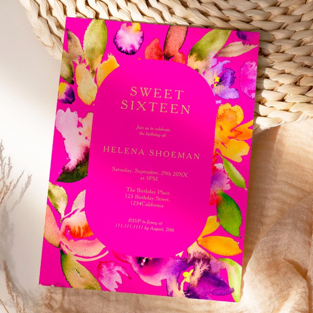 Convite Dourada queda de tamanho excessivo da água floral  (Bold fall oversize floral watercolor Sweet 16 Invitation on neon pink)