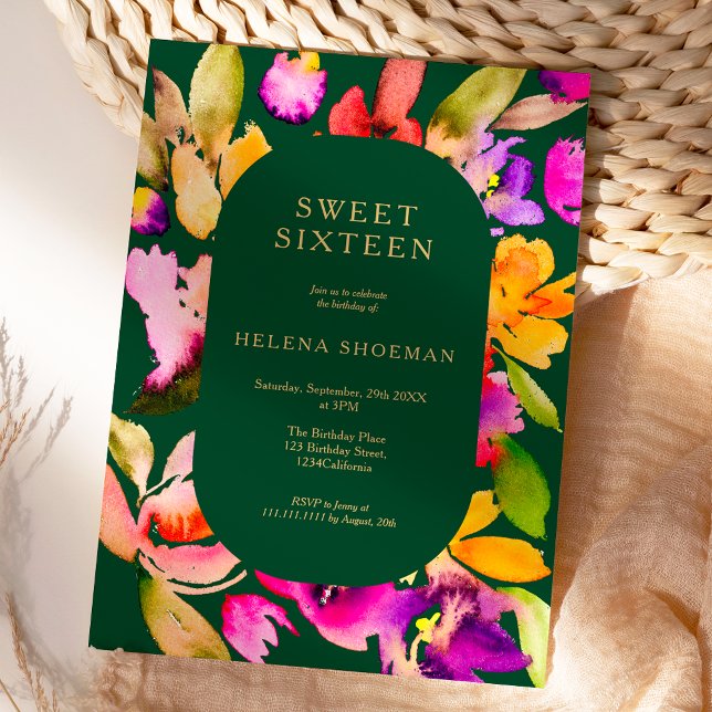 Convite Dourada queda de tamanho excessivo da água floral  (Bold fall oversize floral watercolor Sweet 16 Invitation on green)